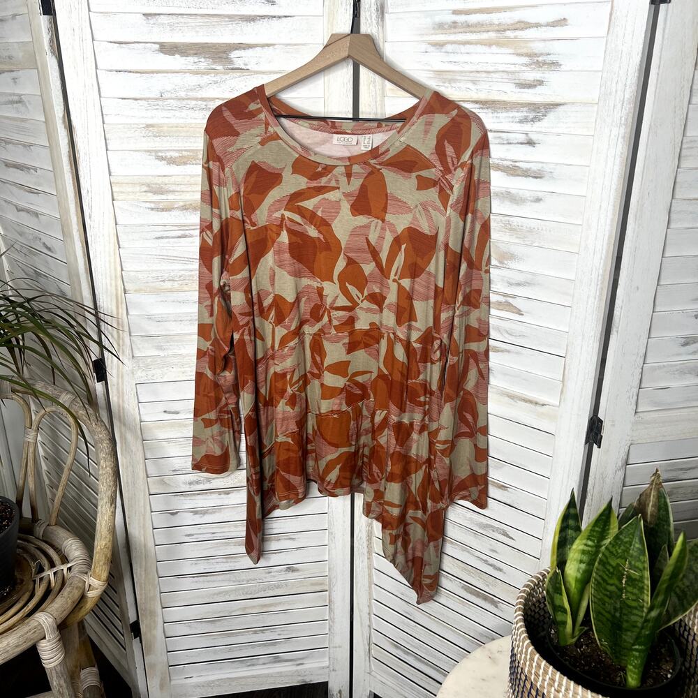 LOGO LORI GOLDSTEIN Women's Plus 1X Printed Floral Jersey Seamed Top Orange Clay - Picture 6 of 9